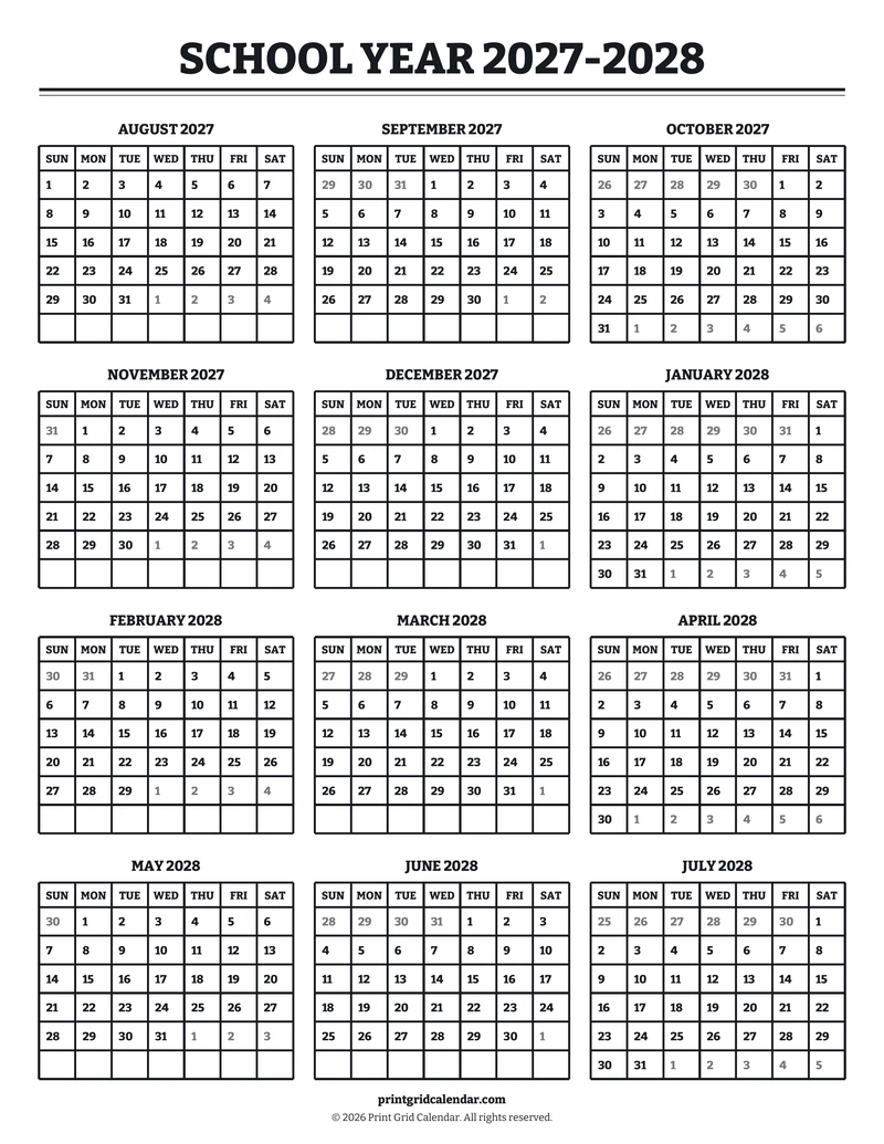 School Year 2027–2028 Calendar — Bookish bold — US Letter · Portrait · Sunday start