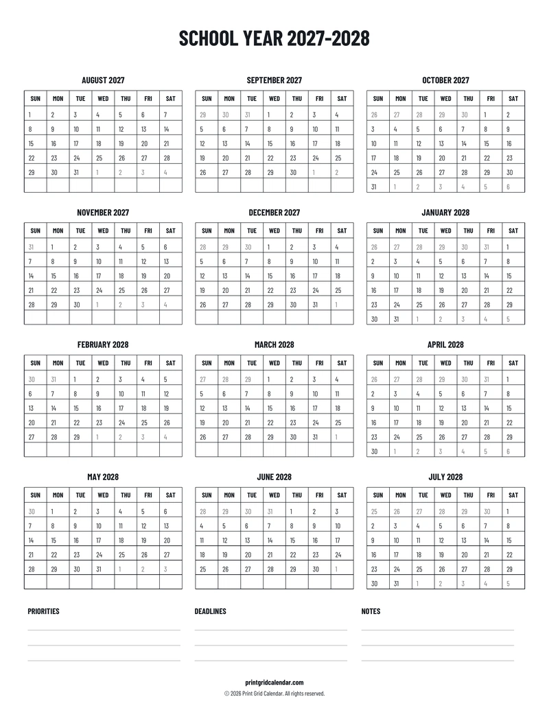 School Year 2027–2028 Calendar — Plans below — US Letter · Portrait · Sunday start
