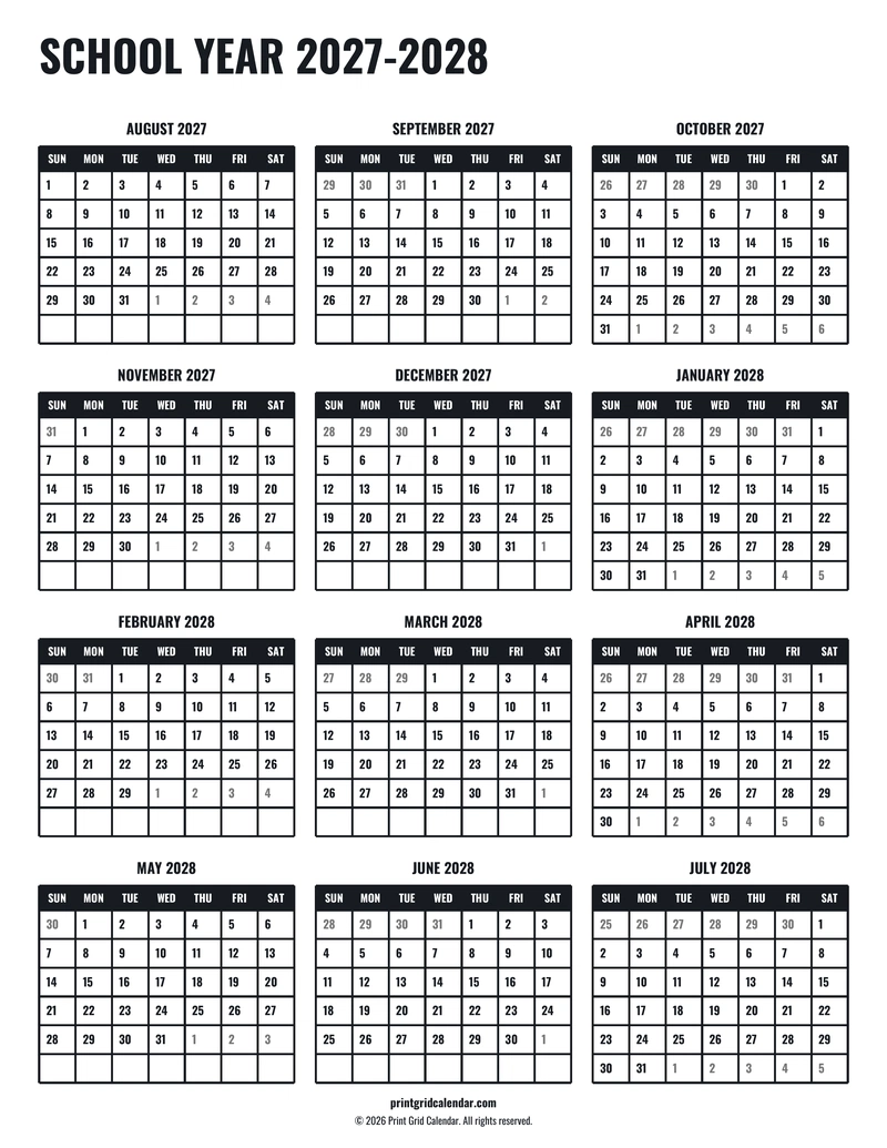 School Year 2027–2028 Calendar — Tall workspace — US Letter · Portrait · Sunday start