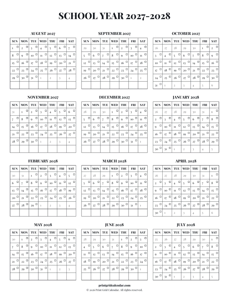 School Year 2027–2028 Calendar — Editorial checklist — US Letter · Portrait · Sunday start