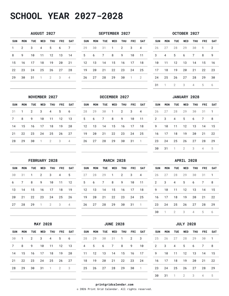 School Year 2027–2028 Calendar — Quiet minimal — US Letter · Portrait · Sunday start
