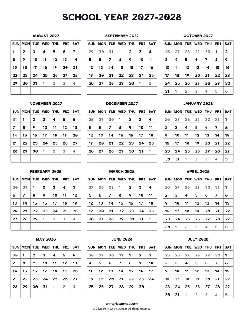School Year 2027–2028 Calendar — Easy read — US Letter · Portrait · Sunday start