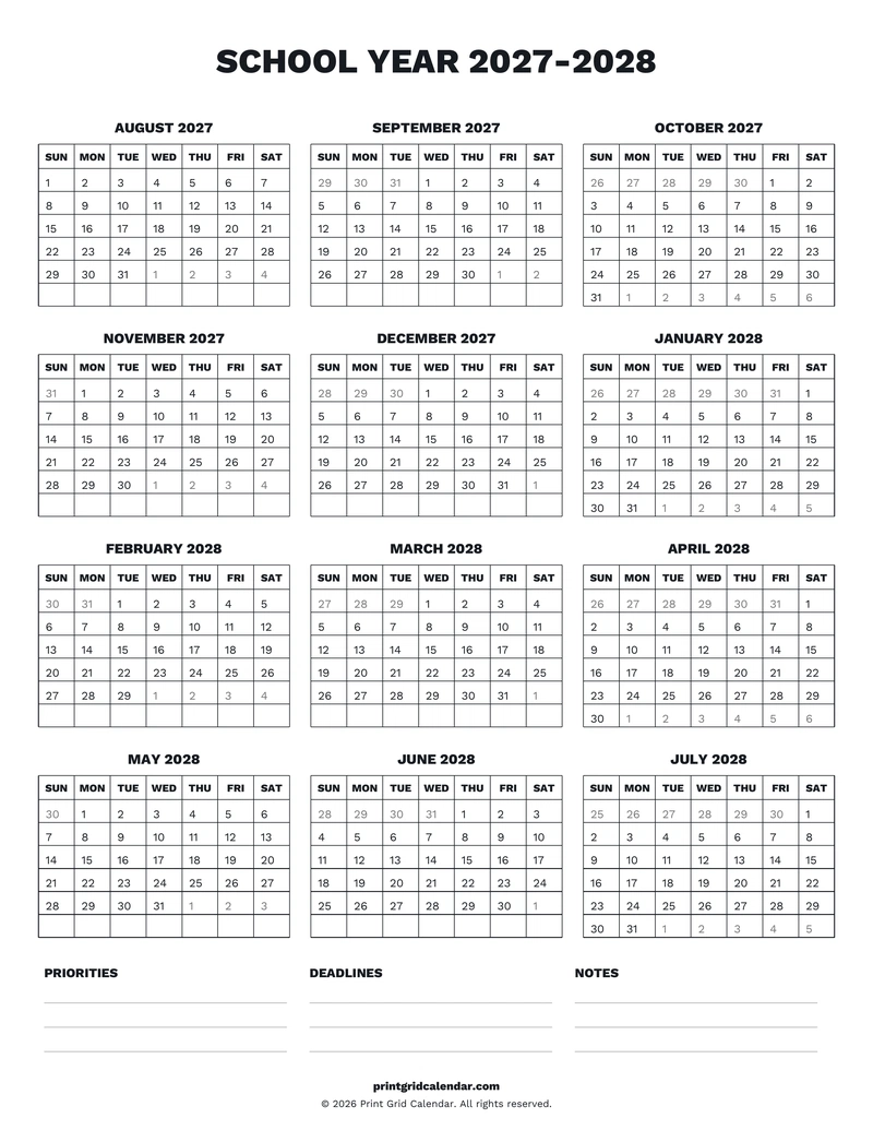 School Year 2027–2028 Calendar — Desk notes — US Letter · Portrait · Sunday start