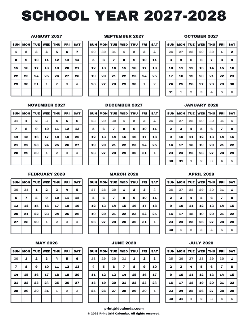 School Year 2027–2028 Calendar — Big statement — US Letter · Portrait · Sunday start