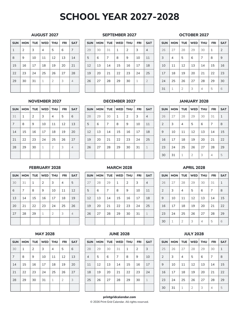 School Year 2027–2028 Calendar — Weekend rhythm — US Letter · Portrait · Sunday start