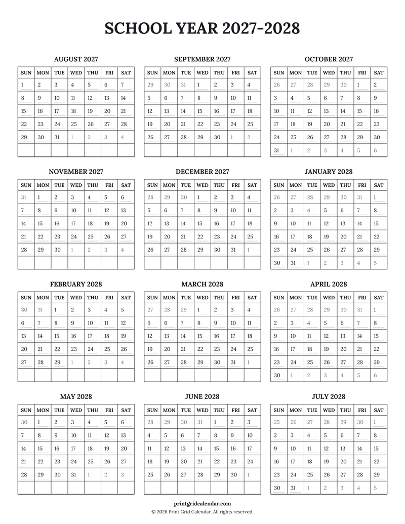 School Year 2027–2028 Calendar — Ruled journal — US Letter · Portrait · Sunday start