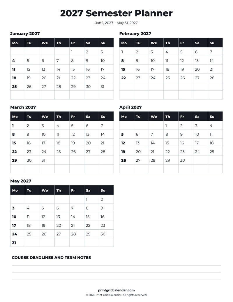 Semester Planner — Bold essentials — US Letter · Portrait · Monday start