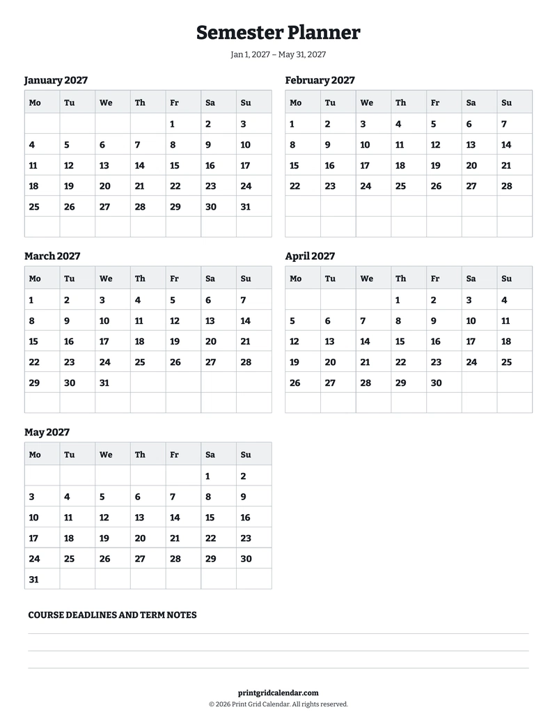 Semester Planner — Bookish bold — US Letter · Portrait · Monday start