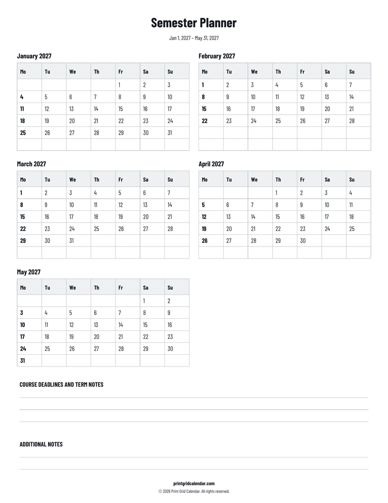 Semester Planner — Plans below — US Letter · Portrait · Monday start