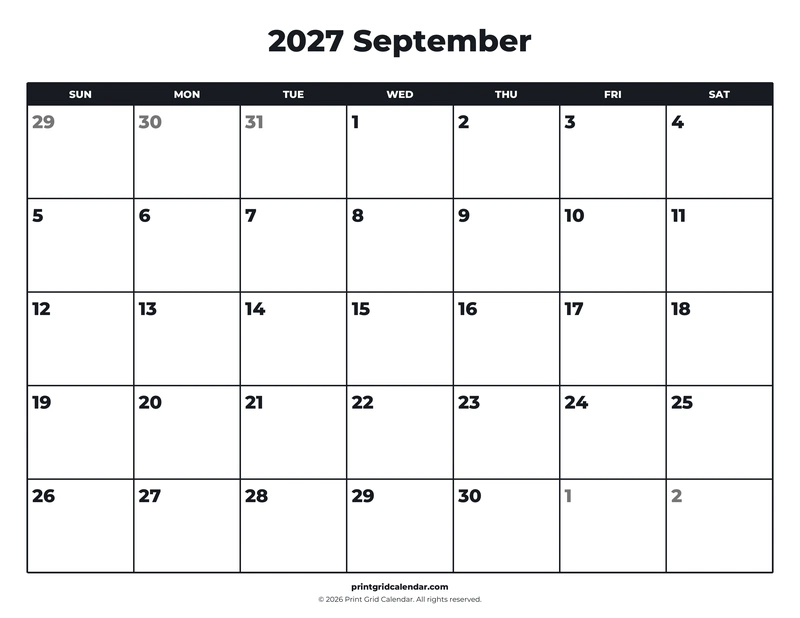 September 2027 Calendar — Bold essentials — US Letter · Landscape · Sunday start