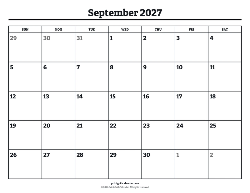 September 2027 Calendar — Bookish bold — US Letter · Landscape · Sunday start