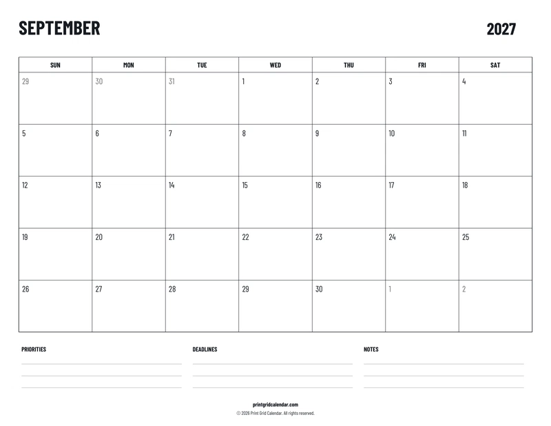 September 2027 Calendar — Plans below — US Letter · Landscape · Sunday start