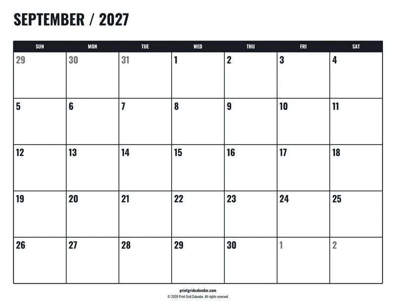 September 2027 Calendar — Tall workspace — US Letter · Landscape · Sunday start