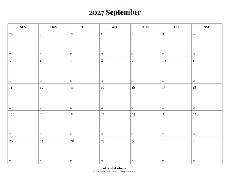 September 2027 Calendar — Editorial checklist — US Letter · Landscape · Sunday start