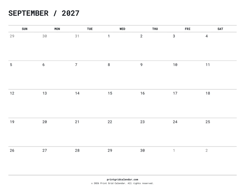 September 2027 Calendar — Quiet minimal — US Letter · Landscape · Sunday start