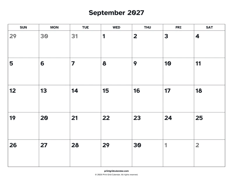 September 2027 Calendar — Easy read — US Letter · Landscape · Sunday start