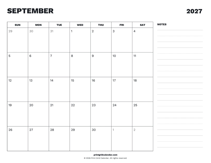 September 2027 Calendar — Desk notes — US Letter · Landscape · Sunday start