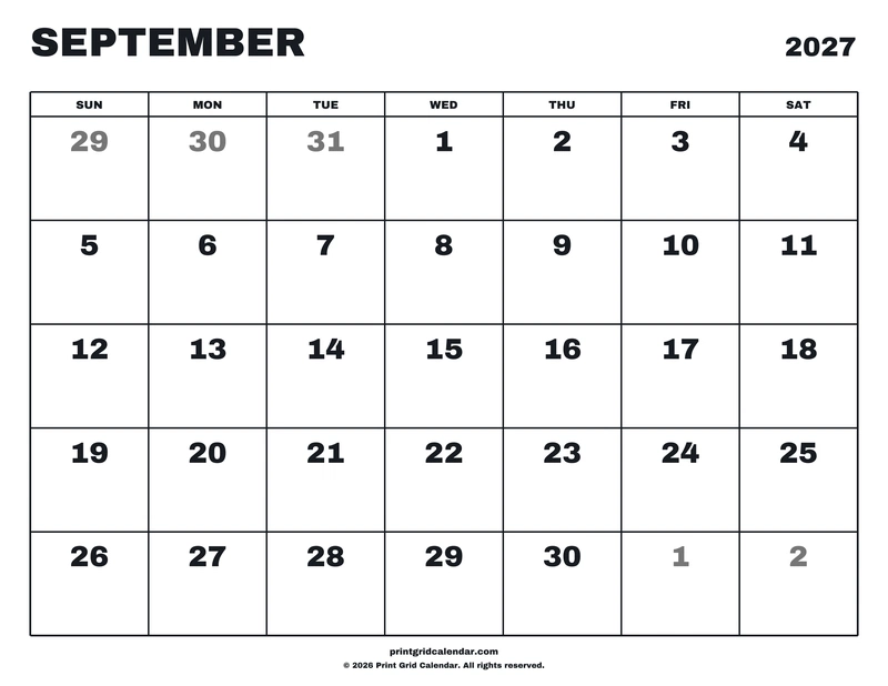 September 2027 Calendar — Big statement — US Letter · Landscape · Sunday start