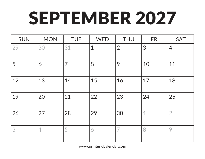 September 2027 Calendar — Bold Display — US Letter · Landscape · Sunday start
