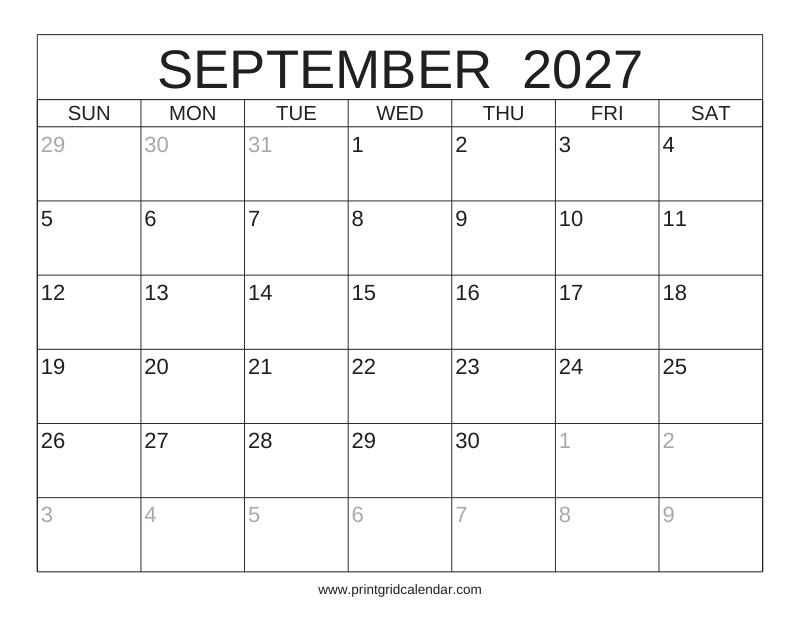 September 2027 Calendar — Classic Frame — US Letter · Landscape · Sunday start