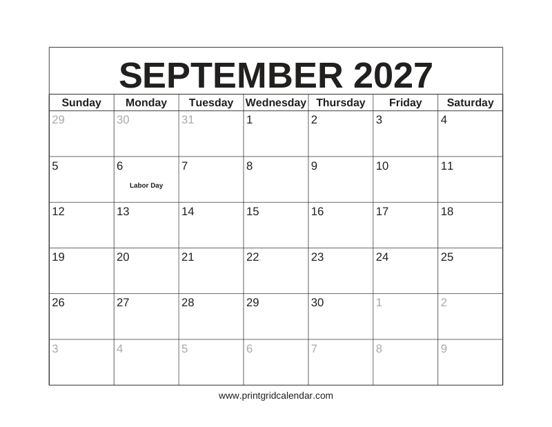 September 2027 Calendar — US Holidays & Observances — US Letter · Landscape · Sunday start