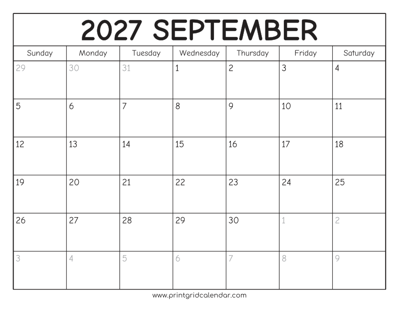 September 2027 Calendar — Rounded Outline — US Letter · Landscape · Sunday start