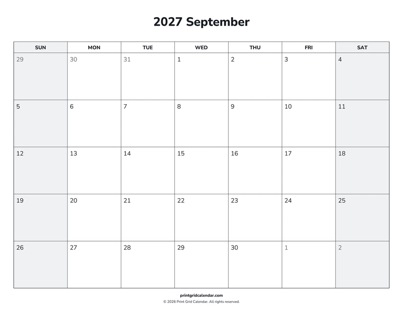 September 2027 Calendar — Weekend rhythm — US Letter · Landscape · Sunday start