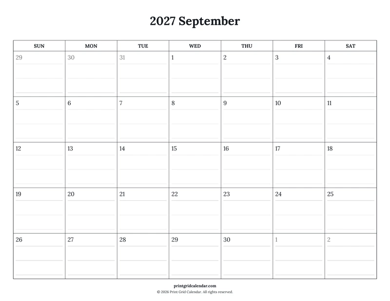 September 2027 Calendar — Ruled journal — US Letter · Landscape · Sunday start
