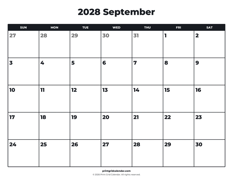 September 2028 Calendar — Bold essentials — US Letter · Landscape · Sunday start
