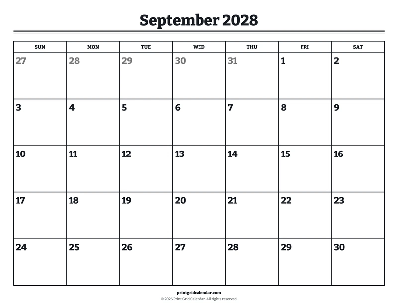 September 2028 Calendar — Bookish bold — US Letter · Landscape · Sunday start