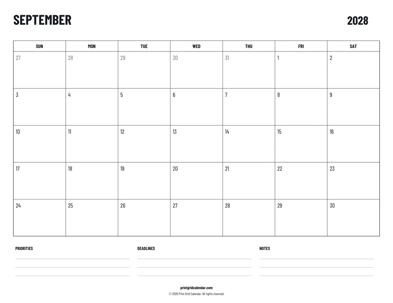 September 2028 Calendar — Plans below — US Letter · Landscape · Sunday start