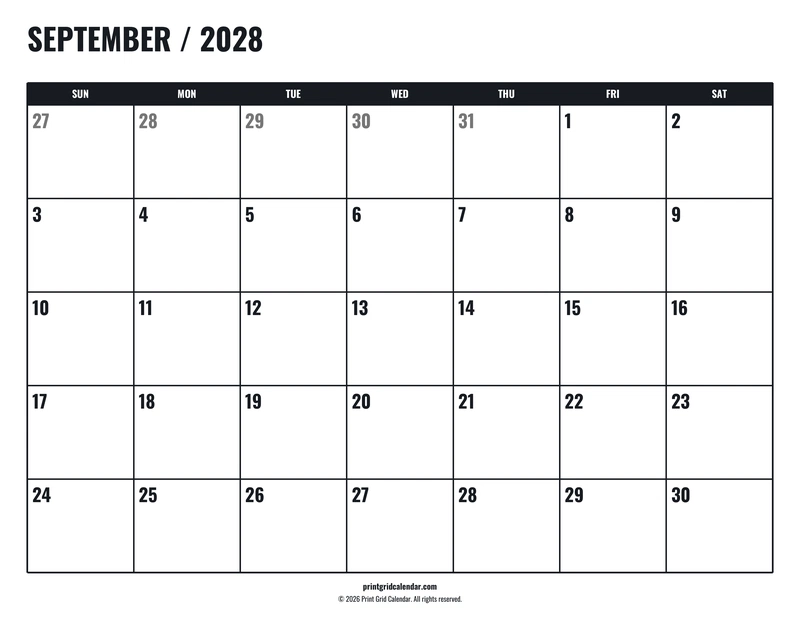 September 2028 Calendar — Tall workspace — US Letter · Landscape · Sunday start