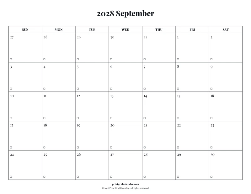 September 2028 Calendar — Editorial checklist — US Letter · Landscape · Sunday start