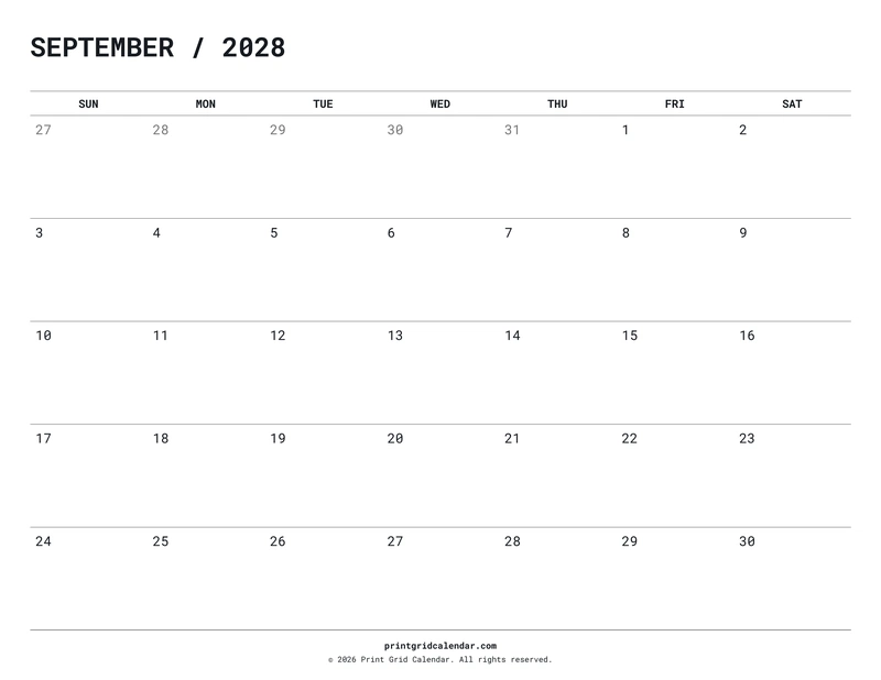 September 2028 Calendar — Quiet minimal — US Letter · Landscape · Sunday start