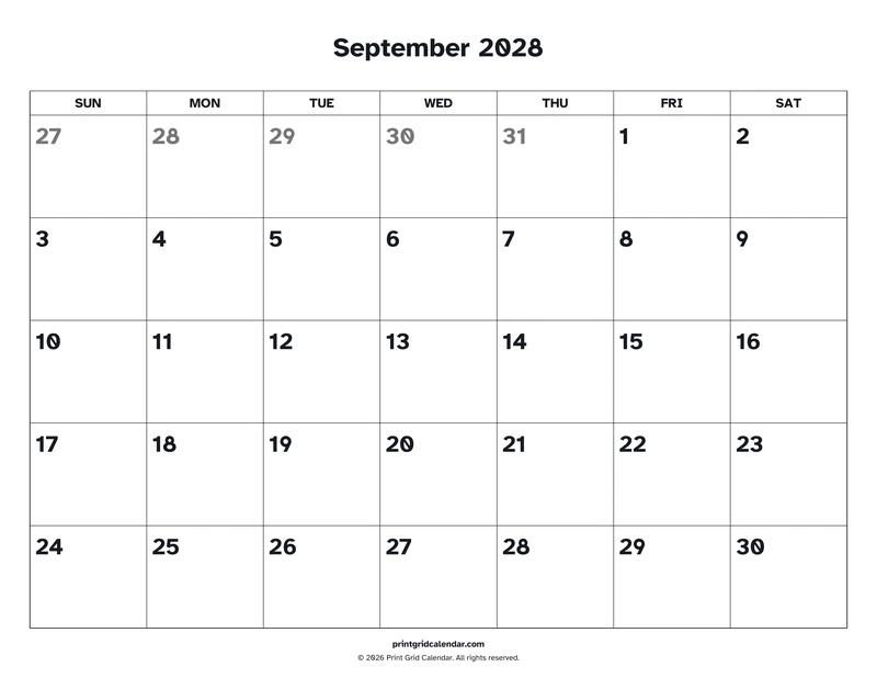 September 2028 Calendar — Easy read — US Letter · Landscape · Sunday start