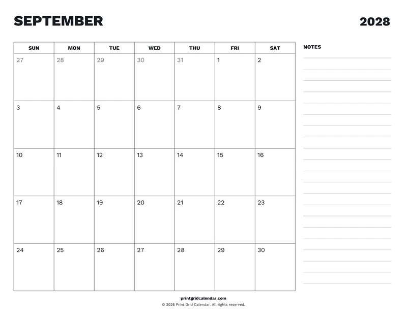 September 2028 Calendar — Desk notes — US Letter · Landscape · Sunday start