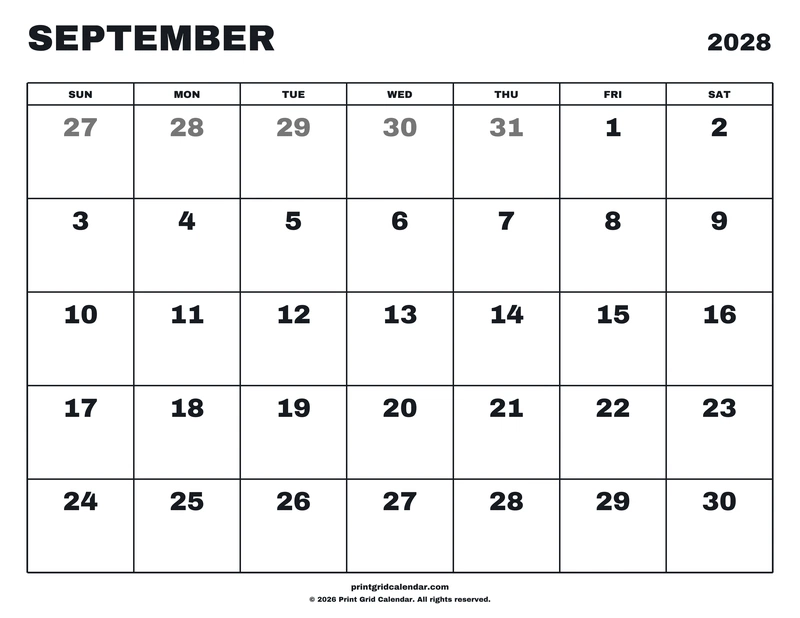 September 2028 Calendar — Big statement — US Letter · Landscape · Sunday start