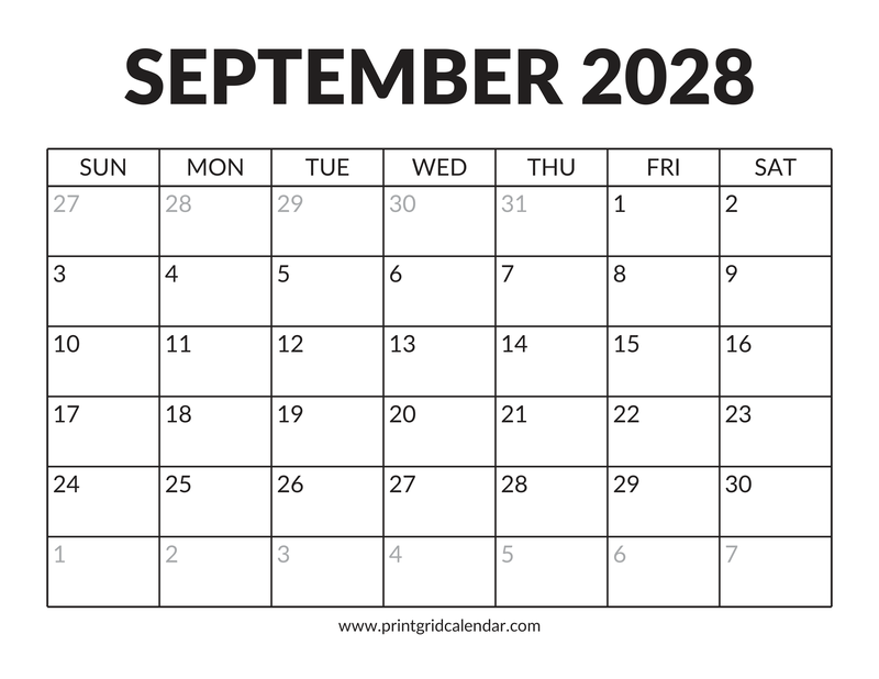 September 2028 Calendar — Bold Display — US Letter · Landscape · Sunday start