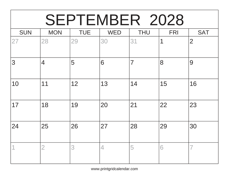 September 2028 Calendar — Classic Frame — US Letter · Landscape · Sunday start