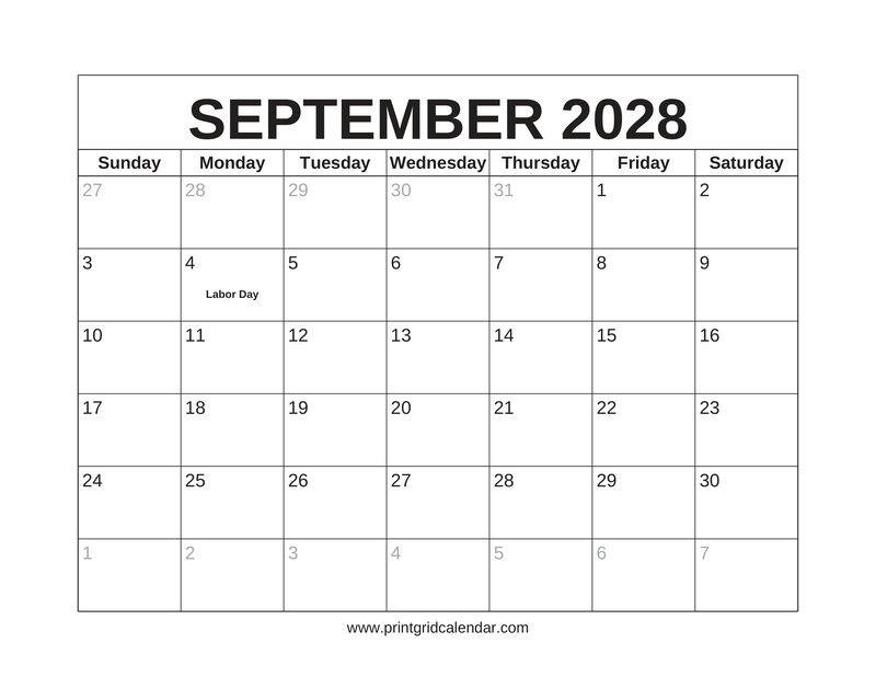 September 2028 Calendar — US Holidays & Observances — US Letter · Landscape · Sunday start