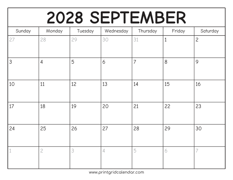 September 2028 Calendar — Rounded Outline — US Letter · Landscape · Sunday start