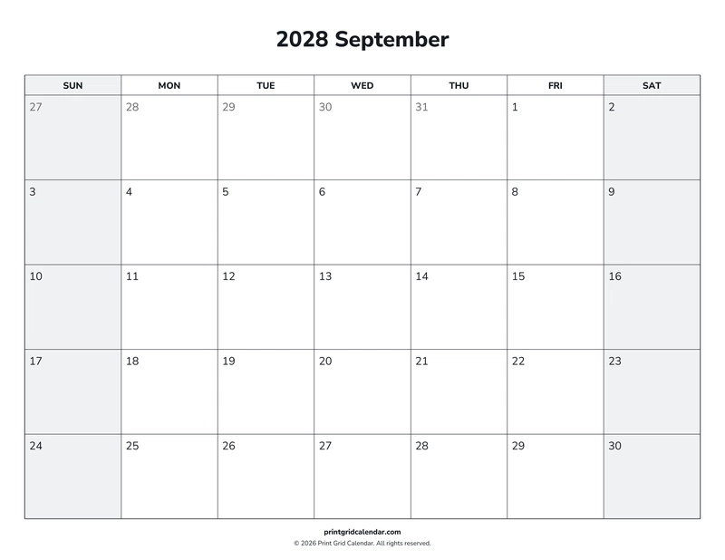 September 2028 Calendar — Weekend rhythm — US Letter · Landscape · Sunday start