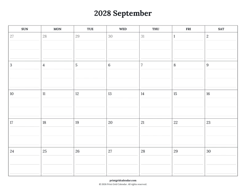 September 2028 Calendar — Ruled journal — US Letter · Landscape · Sunday start