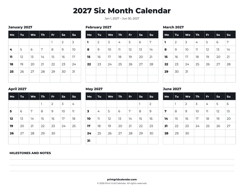Six Month Calendar — Bold essentials — US Letter · Landscape · Monday start
