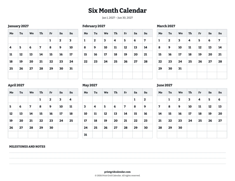 Six Month Calendar — Bookish bold — US Letter · Landscape · Monday start
