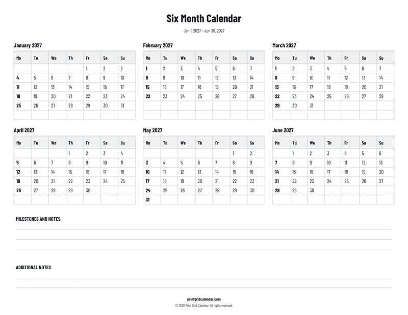 Six Month Calendar — Plans below — US Letter · Landscape · Monday start