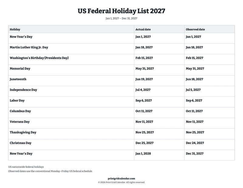 US Federal Holiday List 2027 — Bookish bold — US Letter · Landscape · Monday start