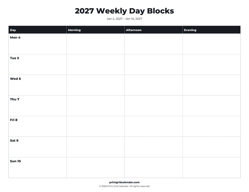Weekly Day Blocks — Bold essentials — US Letter · Landscape · Monday start