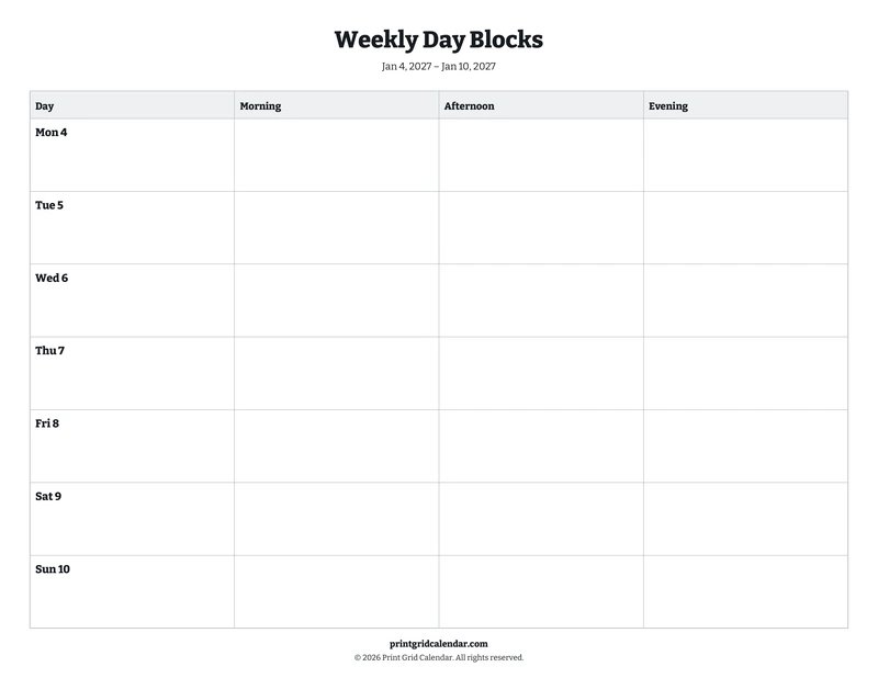 Weekly Day Blocks — Bookish bold — US Letter · Landscape · Monday start