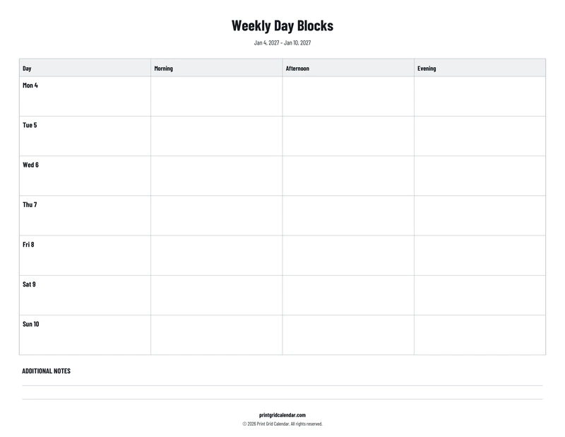 Weekly Day Blocks — Plans below — US Letter · Landscape · Monday start